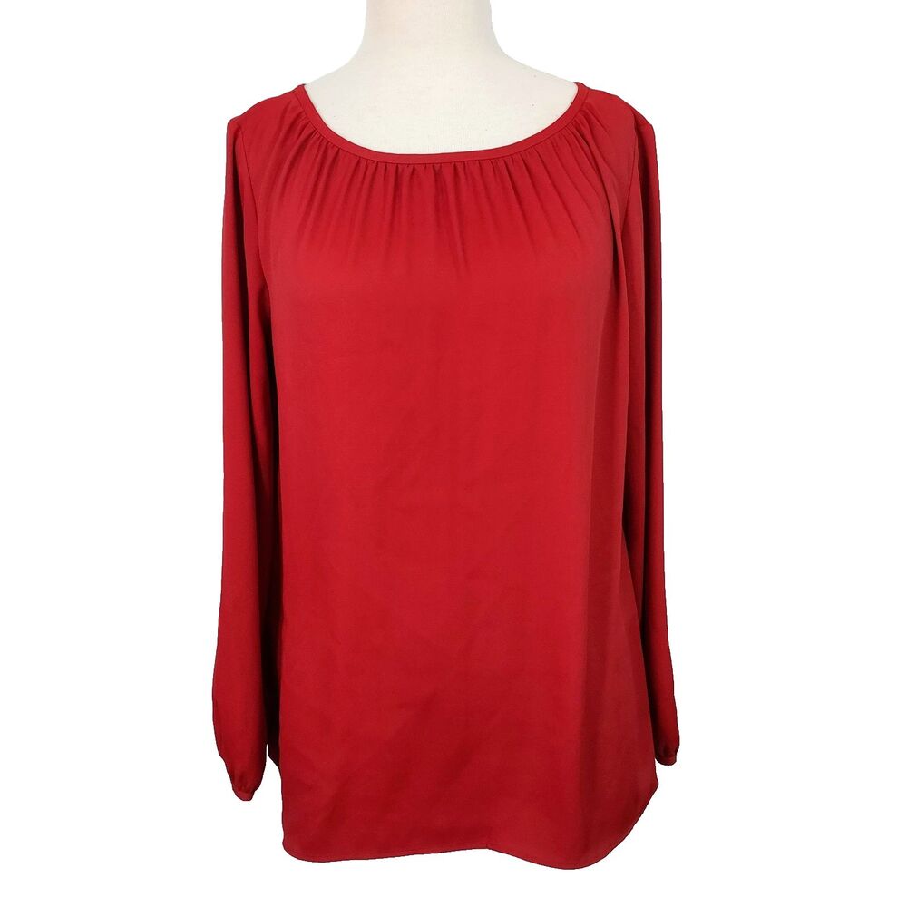ANN TAYLOR LOFT Women Size Large Long Sleeve Red Blouse Polyester Keyhole Top